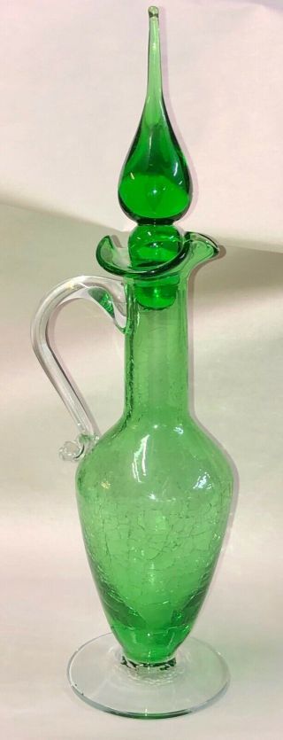 Vintage Blenko Crackled Glass Decanter Pitcher Green Mid Century W/ Stopper 14