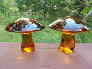Pair Vintage Viking Glass Amber Mushrooms Mid Century Modern