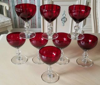 Set Of 8 Vintage Ruby Red Liquor Cocktail Glasses W/ Clear Ball Stem 4.  25 " 1930s