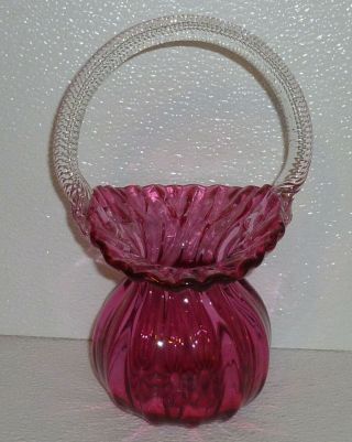 Art Glass Vase Hand Blown Cranberry Handled Vtg Basket Purse 8.  5 "