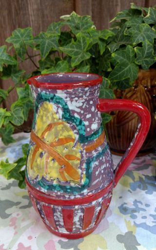 Italian Art Pottery Scraffito Pitcher Hand Painted Etched Creamer Signed Italy