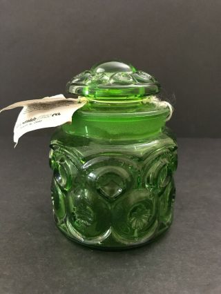 Vtg Green L.  E.  Smith Glass Moon & Star Small Canister Jar Apothecary 5.  25 " Mcm