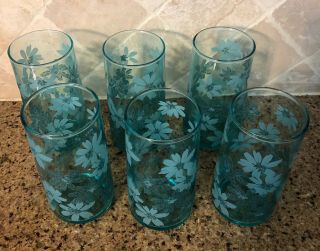 Vintage Set Of 6 Mid Century Modern Teal/turquoise Flowered Drinking Glasses