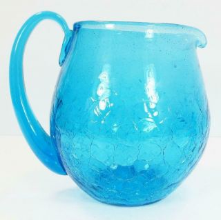 Blenko Art Glass C60f Turquoise Blue Crackle Pitcher Hand Blown