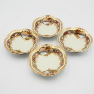 Set Of Four Vintage Hand Painted Nippon Marked M In Wreath Porcelain Nut Bowls