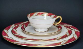 4 Piece Place Setting Lenox China Bellevue Maroon Dinner Salad Plate Cup Saucer