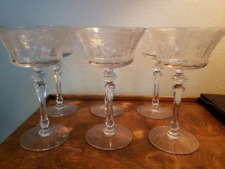Set Of 6 Vintage Etched Wine Champagne Glasses Rose 