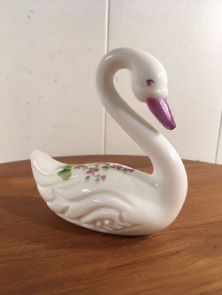 Vintage Fenton Milk Glass Hand Painted Swan 4 1/8” Violets In Snow