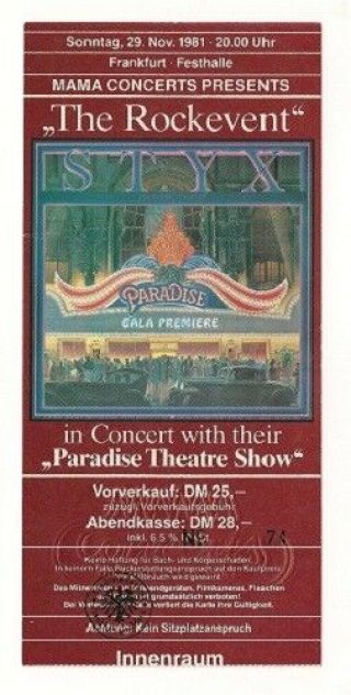 Styx 1981 Concert Ticket Stub Paradise Theatre Show Germany.  $19.  95