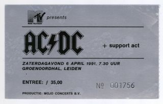 Rare Ac/dc & Kings X 4/6/91 Leiden Netherlands Groenoordhallen Logo Ticket Stub