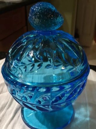 Blue Glass Covered Dish with Strawberry on Top of Lid.  Love it 8