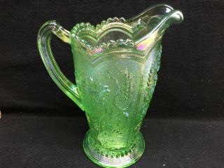 Clear Green Carnival Glass Water Serving Pitcher Wild Flower Pattern Iridescent