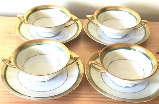 4 Thomas Ivory Gold Green Band China Germany Bavaria Cream Soup Bowls & Saucers