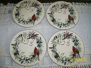 Lenox Winter Greetings 8” Salad Plates (4) W/colorful Winter Birds/holly/pine