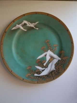 Rare Nippon Flying Swan/geese 10 Inch Plate,  Hand Painted,  Jewelled,  Beaded