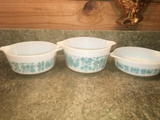 Set Of 3 Vintage Pyrex Amish Butterprint Aqua Blue Casserole Bowl 471 472 473