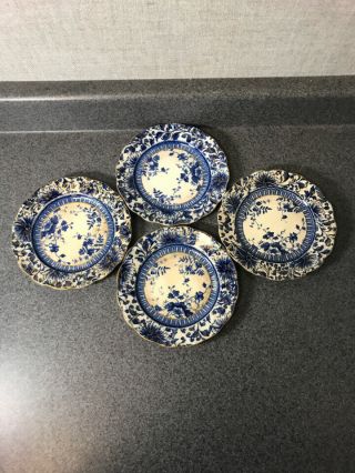 4 Antique Doulton Burslem Semi Porcelain Sorrento Blue & Gold Small Plates