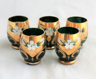 Set 5 Bohemian Emerald Glass Gold Gilt Hand Painted Enameled Flowers Cordials