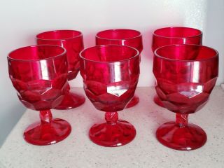 Vintage Fostoria? Ruby Red Wine Water Glasses Set Of 6 Pressed Glass Stemware