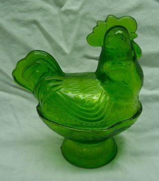 Antique Green Chicken Hen On Pedestal Nest Depression Glass Covered Candy Dish