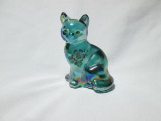 Fenton Art Glass 3.  5 " Hand Painted Iridescent Green Cat