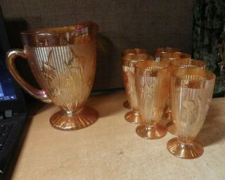 Vintage Jeanette Glass Marigold Iris & Herringbone Glass Tumblers & Pitcher Set
