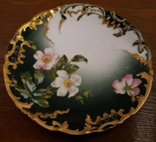 Antique Tv Limoges France Hand Painted Pink Flower Plate Green With Gold Trim