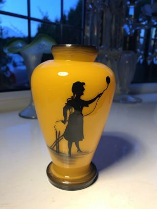 Bohemian Czech Loetz Orange Tango Art Glass Vase With Hand Painted Lady