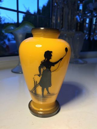 Bohemian Czech Loetz Orange Tango Art Glass Vase With Hand Painted Lady 3
