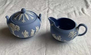 1956 Wedgwood White On Blue Jasperware Creamer Sugar Bowl With Lid