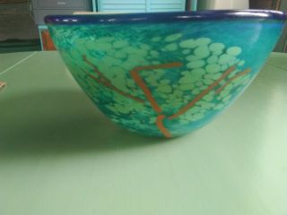 Large Heavy Multi - Colored Hand Blown Art Bowl / Vase Blues And Green Trees.