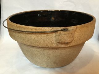 Antique Stoneware Mixing Bowl With Handle Crock Primitive Vintage 11”