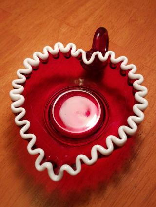 Fenton Ruby Red W/white Snow Crest Heart Shaped Bowl Candy Dish