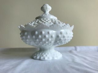Vintage Fenton Milk Glass Hobnail Candle Bowl With Lid