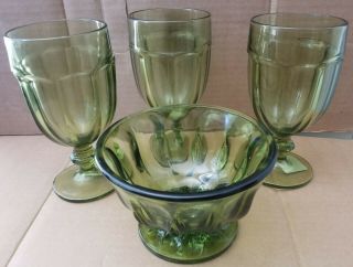Bowl & 3 (three) 16oz Libbey Duratuff Gibraltar Olive Green Glass Goblets 7 "