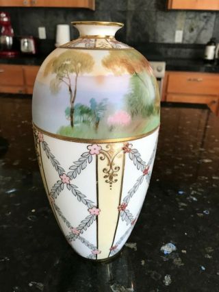 Vintage Hand Painted Nippon Moriage Vase With Water Garden Scene