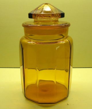 Vtg L.  E.  Smith Amber Paneled Canister / Apothecary Jar W/ Ground Lid 9 1/2 "