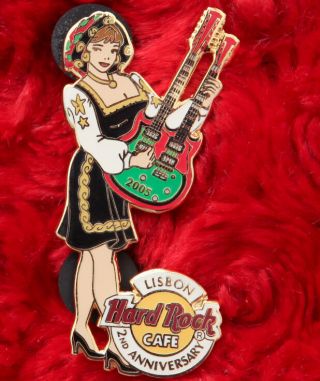 Hard Rock Cafe Pin Lisbon 2nd Anniversary Girl Traditional Dress Double Guitar