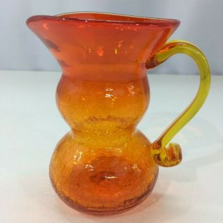 Vintage Blenko Amberina Handblown Orange Crackled Glass Pitcher Vase 5.  5 " Tall