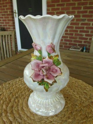 Capodimonte White Iridescent Porcelain Vase Pink Applied Roses