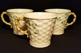 (3) Belleek Irish Porcelain Shamrock Coffee Tea Mugs Cups Clover Basketweave