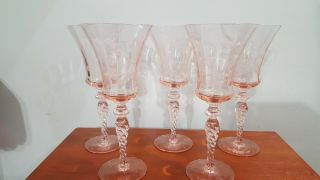 Set Of 5 Elegant Etched Pink Depression Glass Stem Goblets 8 & 3/4 "