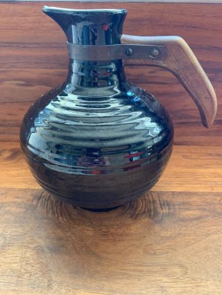 Vintage Bauer Pottery Black Ceramic Pitcher Carafe Wood Handle No Lid