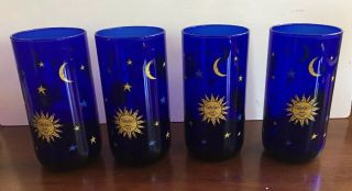 Libbey Glass Set 4 Cobalt Blue Celestial Sun Moon Stars Tumblers 5 7/8”t 16 Oz.