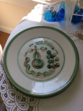 M.  A.  Hadley Pear Grapes Green Pottery Dinner Plates Qty 3
