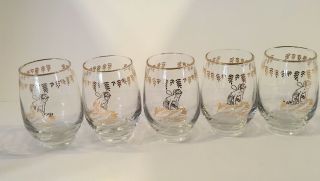 Vintage Libbey Cocktail Drink Glasses Gold Fairy Nymph Set Of Five Bar Retro