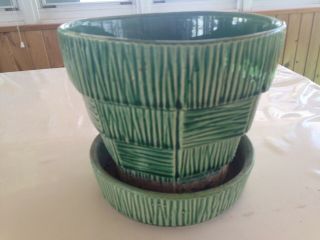 Vintage Mccoy Art Pottery Usa Green Basket Weave Large 5.  5 " Flower Pot