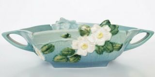 Vintage Roseville Pottery White Rose Blue Console Bowl 393 - 12 "