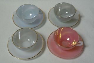 Arcopal France Harlequin Opalescent Set Of Four Cups And Saucers 1950 