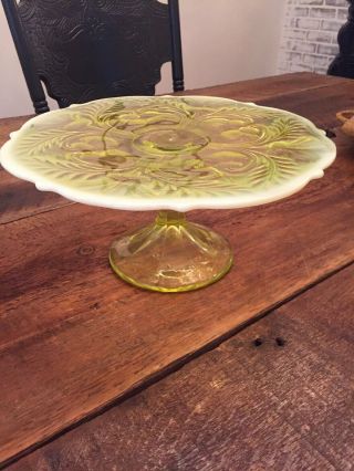 Stunning Vaseline Opalescent Glass 11 " Cake Stand Plate Inverted Thistle Mosser